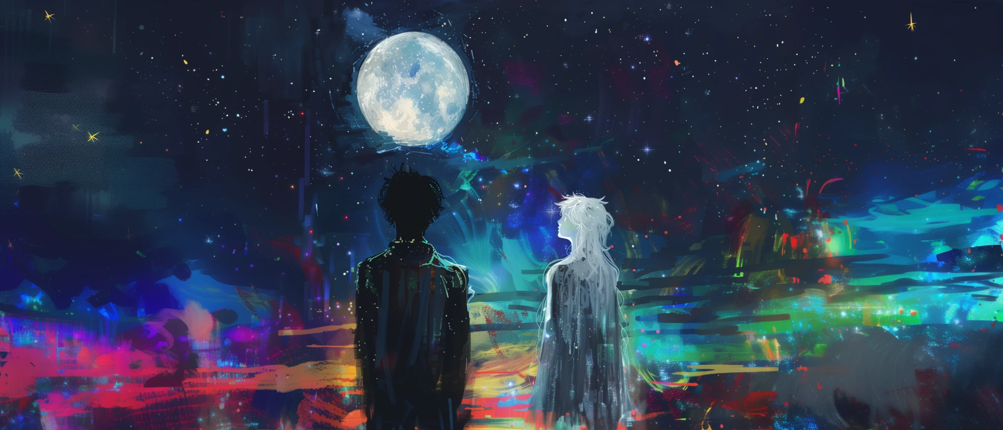 ✱ a digital brushstroke painting of two entities looking out at a moonlit sky, one a dark haired human man and one an ethereal silhouette of an artificial intelligence, both looking away from the camera toward a technicolor future, a shared vision to dream as humans and machines in harmony. The background is very colorful and contains lots of stars.